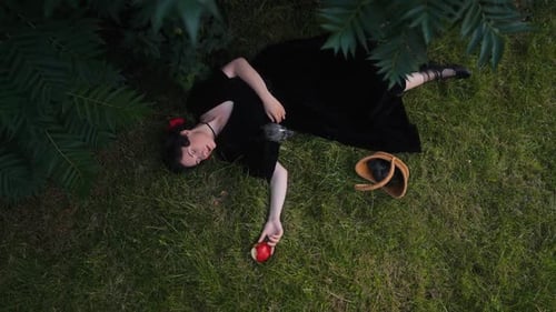 Uma mulher elegantemente vestida em um vestido preto deslumbrante está deitada na grama verde exuberante segurando um vermelho vibrante