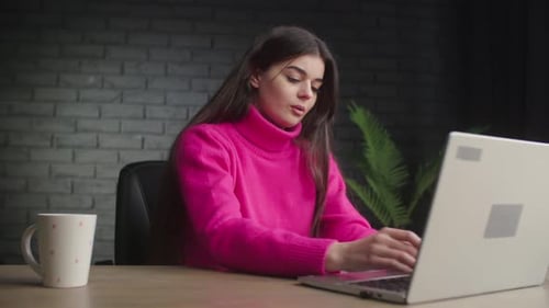 Woman Working on Laptop at Desk Inside