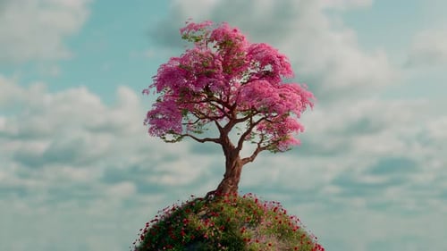 Spring Tree Grow On Floating Sphere Island