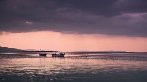 Meereslandschaft und Fischerboote und Vögel im Meer