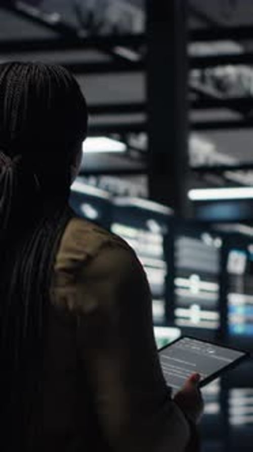 Der Systemadministrator für vertikale Videorechenzentren überwacht die Metriken des Rechenzentrums auf dem Tablet