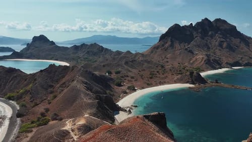 Aerial view of Padar Island and boats, Indonesia.