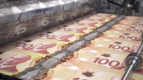 Printing Money Canadian Dollar CAD Bills on a Print Machine in Typography 3d Video Animation