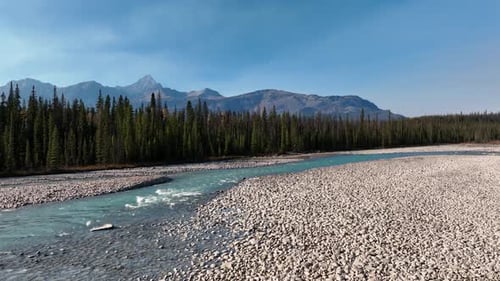 Kanada. Ein Drohnenblick auf den Fluss im Gebirgstal. Eine Luftaufnahme eines Waldes.