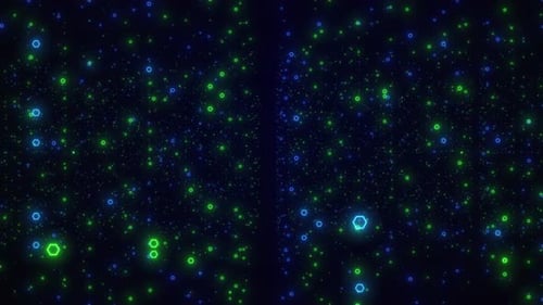 Flying Through Hexagon Shape. Digital Hexagonal Shape Flying On Black Background. Glowing Hexagonal