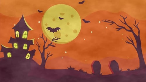 Happy Hallowen Landscape Flying Air Bats On Orange Background