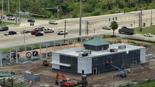 New Gas Station Under Construction on Roadside in Rural Area