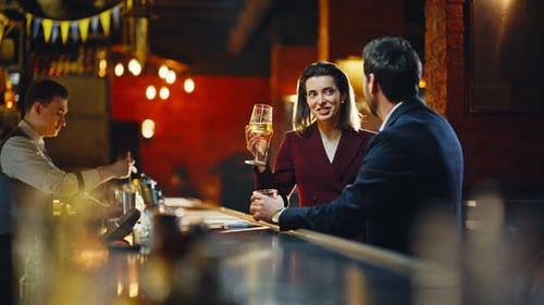 Evening Couple Speaking Bar Closeup Corporate Friends Celebrating Together