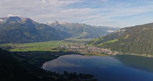 Birds Eye View Of Small Town By The Lake