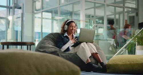 Laptop, wave and online class with woman in college for video call, streaming and elearning