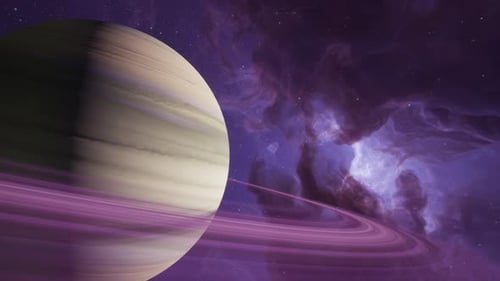 Cinematic 3D Animation of a Ringed Planet in a Purple Nebula