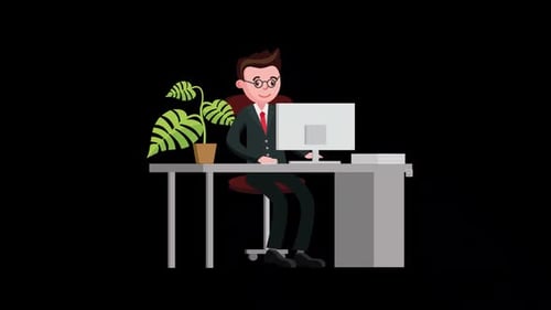 Male Office Worker With Glasses Working On Computer On Alpha Channel