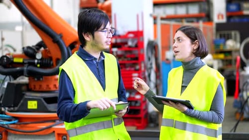 Des ingénieurs contrôlent la chaîne de montage d'une usine d'armes robotiques