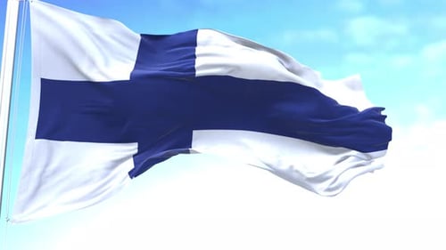Realistic Waving Finnish Flag in Bright Blue Sky