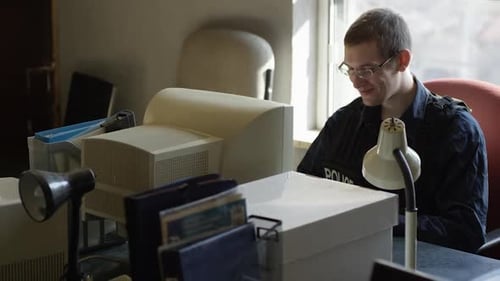 Police officer in precinct zoom out HD