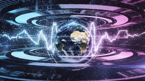 Futuristic Digital Earth With High-Tech HUD Rings and Energy Waves