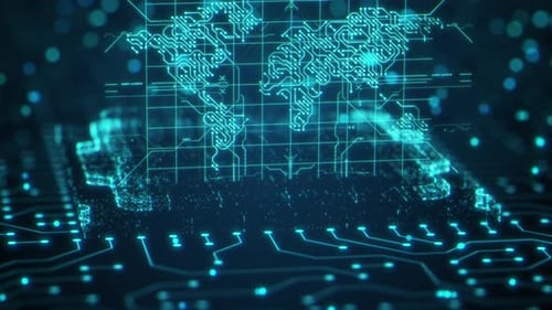 World Map and Earth Sphere on CPU Integrated Circuit Board 3D Render Abstract Background Blockchain