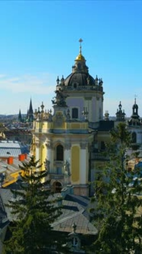 Vertical orientation Aerial Drone footage of Christian church