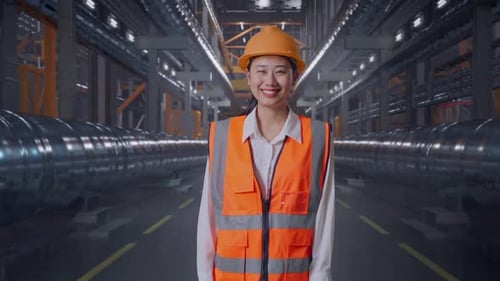 Asian Female Engineer Smiling To Camera With Metal Pipes