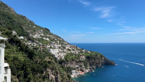 Town Of Praiano On The Amalfi Coast In Italy. Panning Shot Of Rocky ...