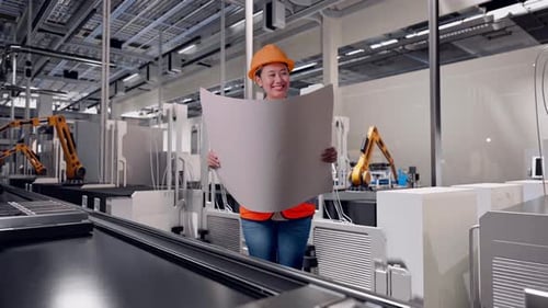 Corps entier d'une ingénieure asiatique regardant le plan dans ses mains, usine de batteries