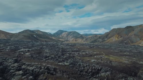 Aerial bird's eye view of incredible volcanic landscape in the Icelandic highlands.