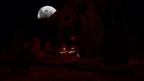 Halloween Night Scene with Jack-o'-Lanterns and Full Moon