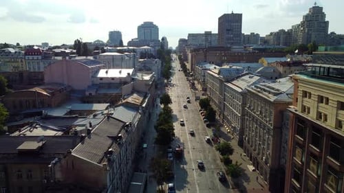 Bohdana Khmelnytskoho Street, Kyiv, Ukraine. Arial flying along the historical downtown in Ukraine