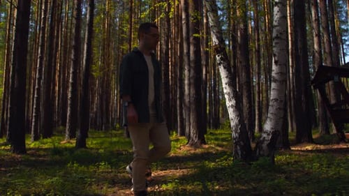 Hiker walking the dog in the park forest