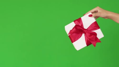 Hand Holding Gift Box with Red Bow