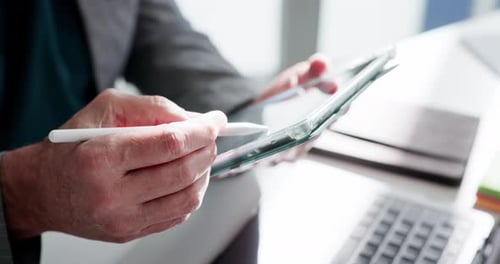 Pen, hands and businessman with tablet in office to scroll compliance report, email or schedule
