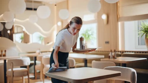 Attentive Woman Wiping Surfaces at Cafe Bar Positive Barista Putting Dishes