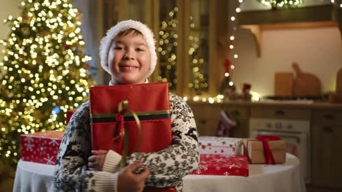 Happy Kid 910 Years in Santa Hat with Xmas Box in Festively Decorated Kitchen