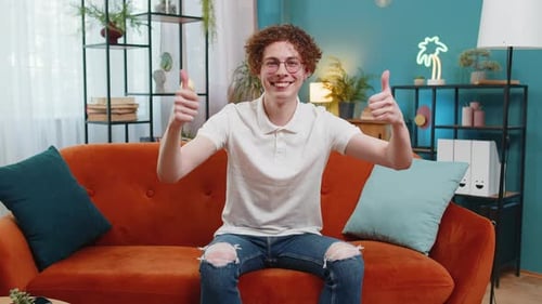 Happy Young Man Showing Thumbs Up Like Sign Positive Something Good News Positive Feedback Win