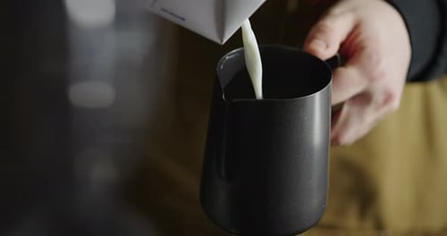 Cooking Cappuccino In Cafeteria Closeup View Of Professional Barista Hands In Coffeehouse Morning