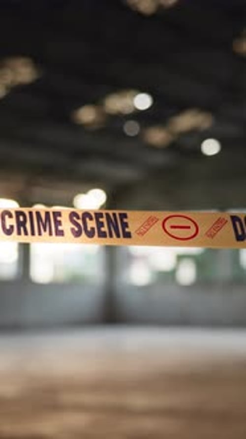 Building, accident and yellow tape for crime scene, investigation or barrier for warning