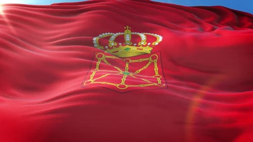 Realistic Waving Flag of Navarre with Crown and Golden Chains