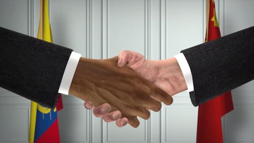 Ecuador and China Officials Business Meeting. Diplomacy Deal Animation. Partners Handshake 4K