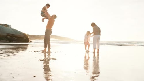 Happy family, playing and beach on holiday, love and travel together in summer in nature