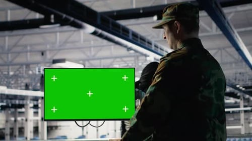 Military Data Center Professional Using Software on Green Screen Mockup PC