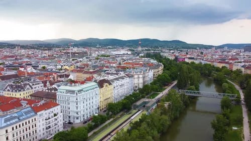 Vienna aerial view in Austria is one of the most famous capital cities of Europe. Flying by above Da