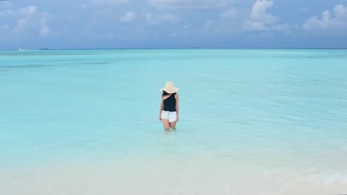 Pretty Caucasiab Woman Walk In Tropical Maldives