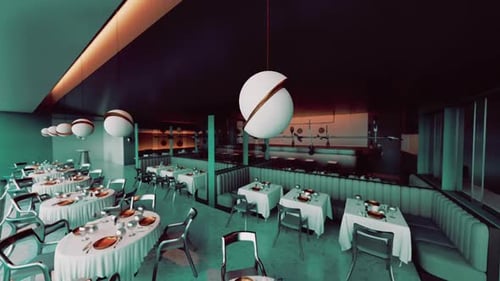Elegant Interior of an Empty Modern Restaurant with Unique Lighting Designs