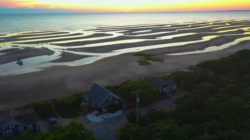 Cape Cod Bay Colorful Post Sun Set Aerial Drone Footage of Beach at Low Tide with People Walking, Sa