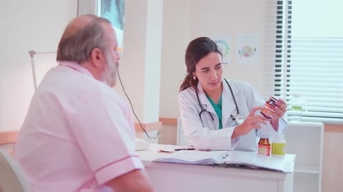 Doctor Explains Prescription to Elderly Patient in Office
