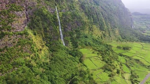 Aerial view of Cascata do Poco do Bacalhau waterfall, Azores, Portugal
