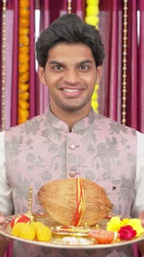 Vidéo verticale de Puja Thali, un Indien tenant un Puja Thali à l'occasion du festival de Diwali