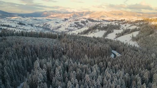 Aerial View of Winter Landscape with Snow Covered Mountain Hills and Winding Forest Road in Morning
