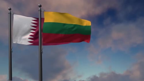 Realistic Waving Qatar and Lithuania Flags Animation