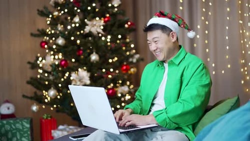 Happy Man Video Chatting Christmas Day